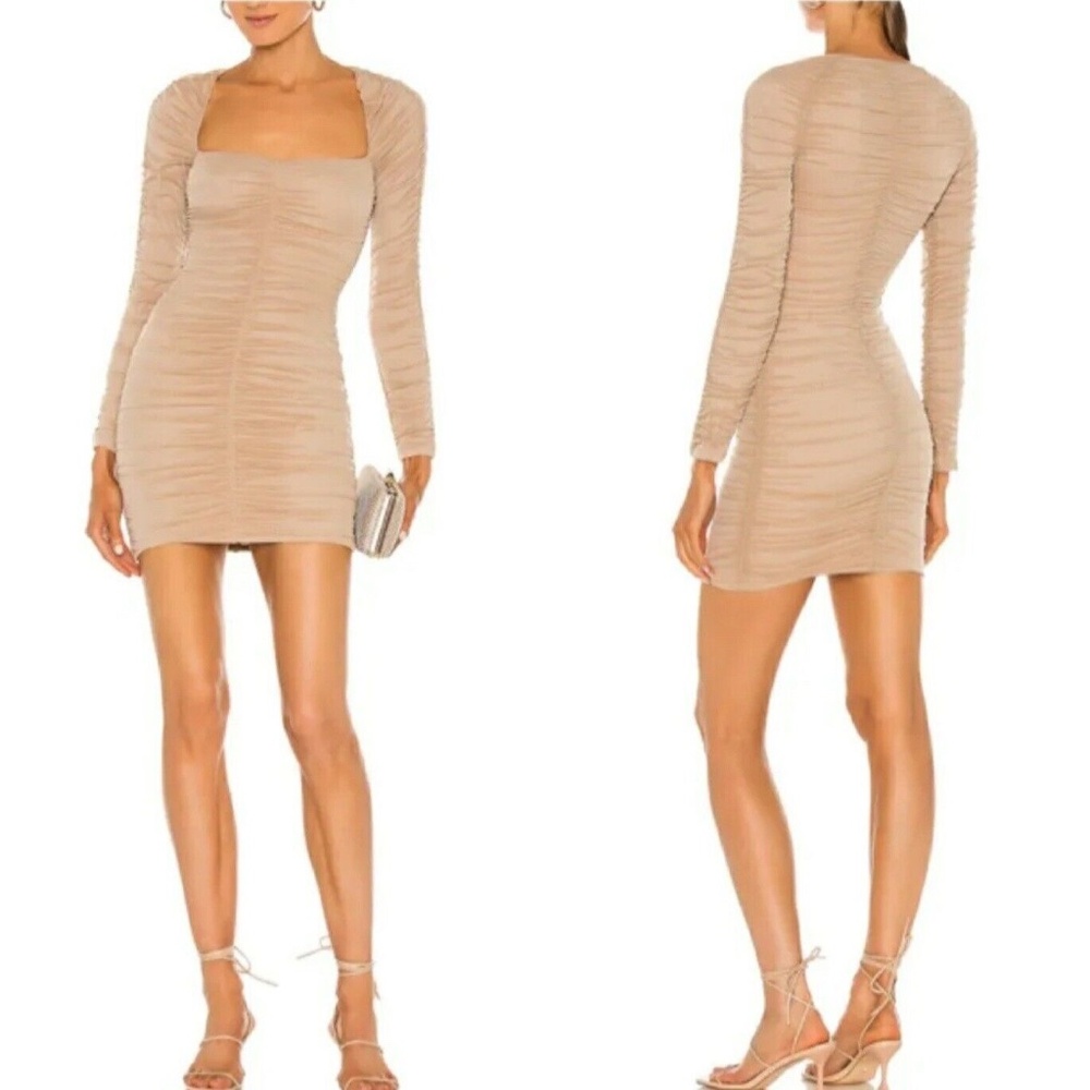 Michael Costello x REVOLVE Franky Ruched Bodycon Mini Dress Taupe Beige XS